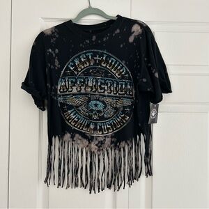 NWT Affliction Crop Top Fringed Bedazzled Cropped T-Shirt Women's M Bleached Top